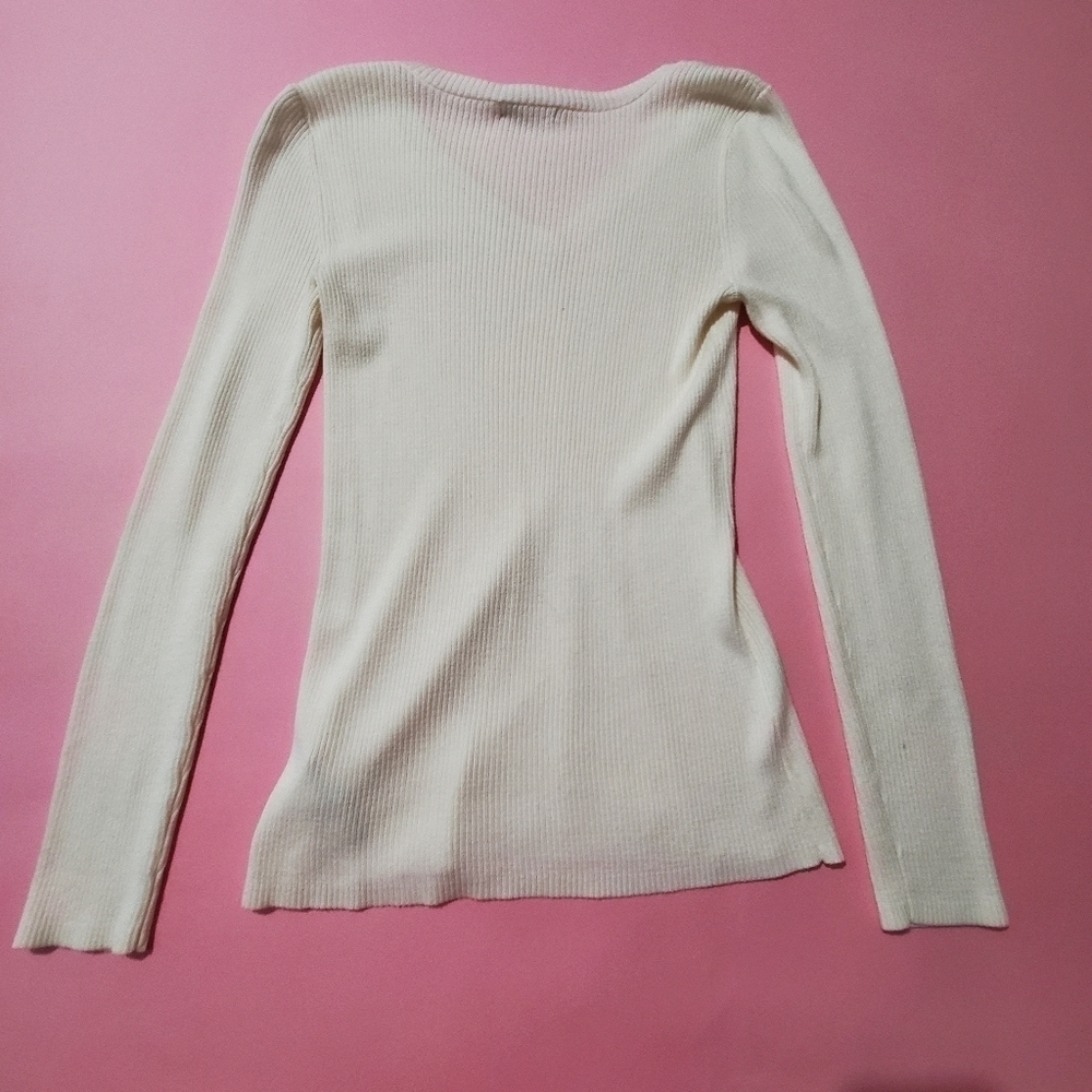 DKNY Jeans Off White Cream Ivory Knit V Neck Sweater - Picture 9 of 12